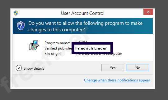 Screenshot where Friedrich Linder appears as the verified publisher in the UAC dialog
